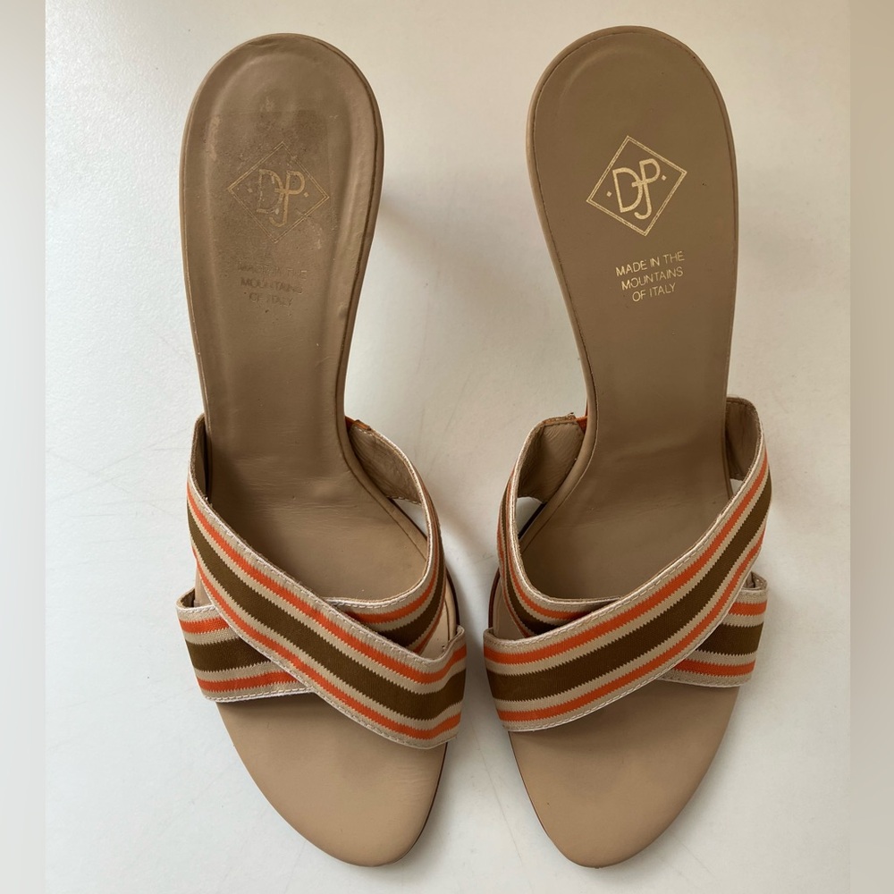 DJP Donald J Pliner Sandals Stiletto Criss Cross Orange Brown Stripe Band Italy